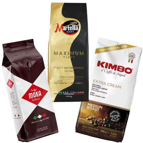 Probierset Cremoso, 3x 1000g ganze Bohne, Martella Maximum Class, Kimbo Extra Cream, Caffè Trucillo Moka Salerno