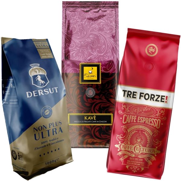 Probierset Espresso Deluxe, 3 x 1000g feinste Espressobohnen, Dersut Nonplusultra, Filicori Zecchini Kavè und TRE FORZE!