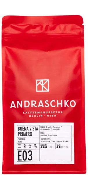 Andraschko: Buena Vista Primero 250g, ganze Bohne, rote Verpackung mit weißem Label.