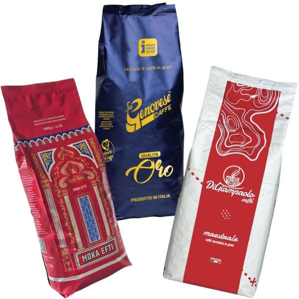 Espresso Probierset Bonissima, 3x 1000g ganze Bohne, Moka Efti Domus Espresso, La Genovese Caffè Oro - Espresso Italiano, Di Giampaolo Espresso Maestrale - Espresso Italiano