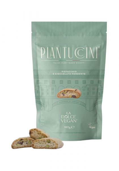 Plantuccini Pistazie Zartbitterschokolade 180g in hellgrüner Verpackung