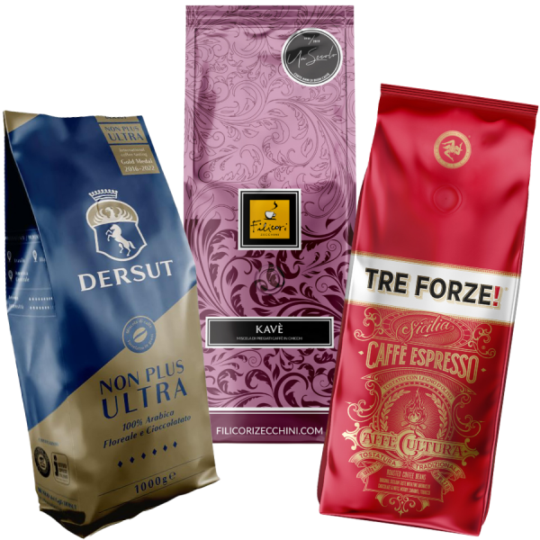 Probierset Espresso Deluxe, 3 x 1000g feinste Espressobohnen, Dersut Nonplusultra, Filicori Zecchini Kavè und TRE FORZE!