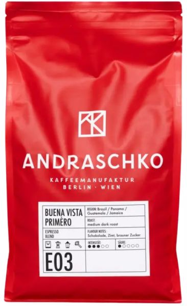 Andraschko: Buena Vista Primèro Espresso, ganze Bohne, rote Verpackung mit weißem Label