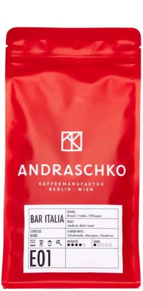 Andraschko: Bar Italia Espresso Blend 250g, ganze Bohne, rote Verpackung mit weißem Label