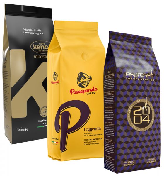 Espresso Probierset Jamaica Blue Mountain Deluxe, 3x 1000g ganze Bohne, Duemillaquattro - Jamaica Blue Mountain, Passaparola Leggenda, Kenon Karamell