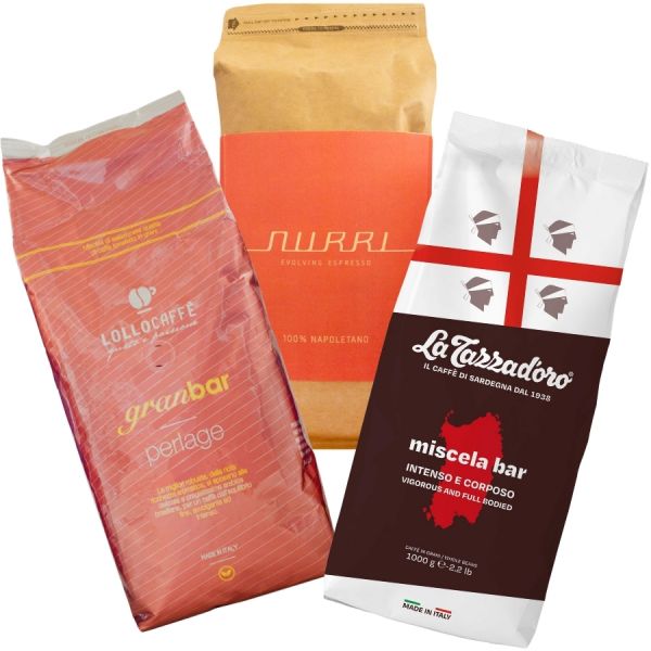 Espresso Probierset 50/50 Mischung, 3x 1000g ganze Bohne, La Tazza d'oro Miscela Bar, Nurri Espresso 100% Napoletano, Lollo Caffè Gran Bar Perlage