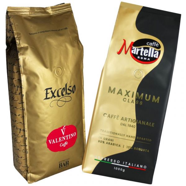 Espressokaffee Probierset Iconico, 2x 1000g ganze Bohne, Martella Maximum Class, Valentino Excelso